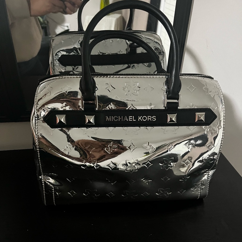 Michael Kors Metallic Silver Satchel with Black Accents